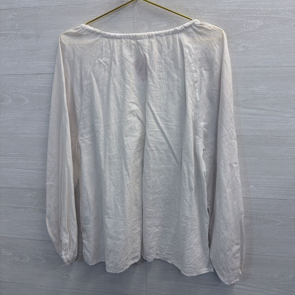 White Linen Blend Long Sleeve Top Small