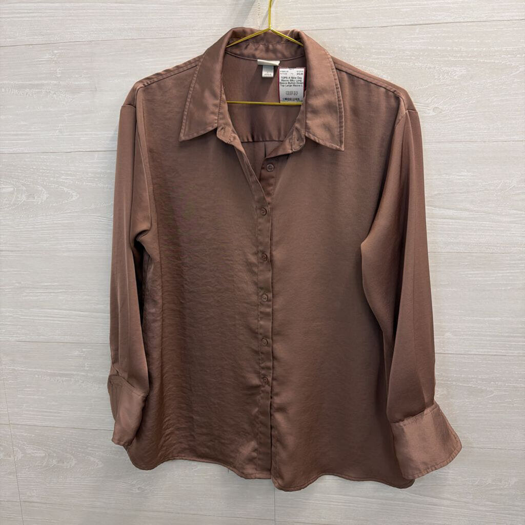 Mauve Silky Long Sleeve Button Down Top Large