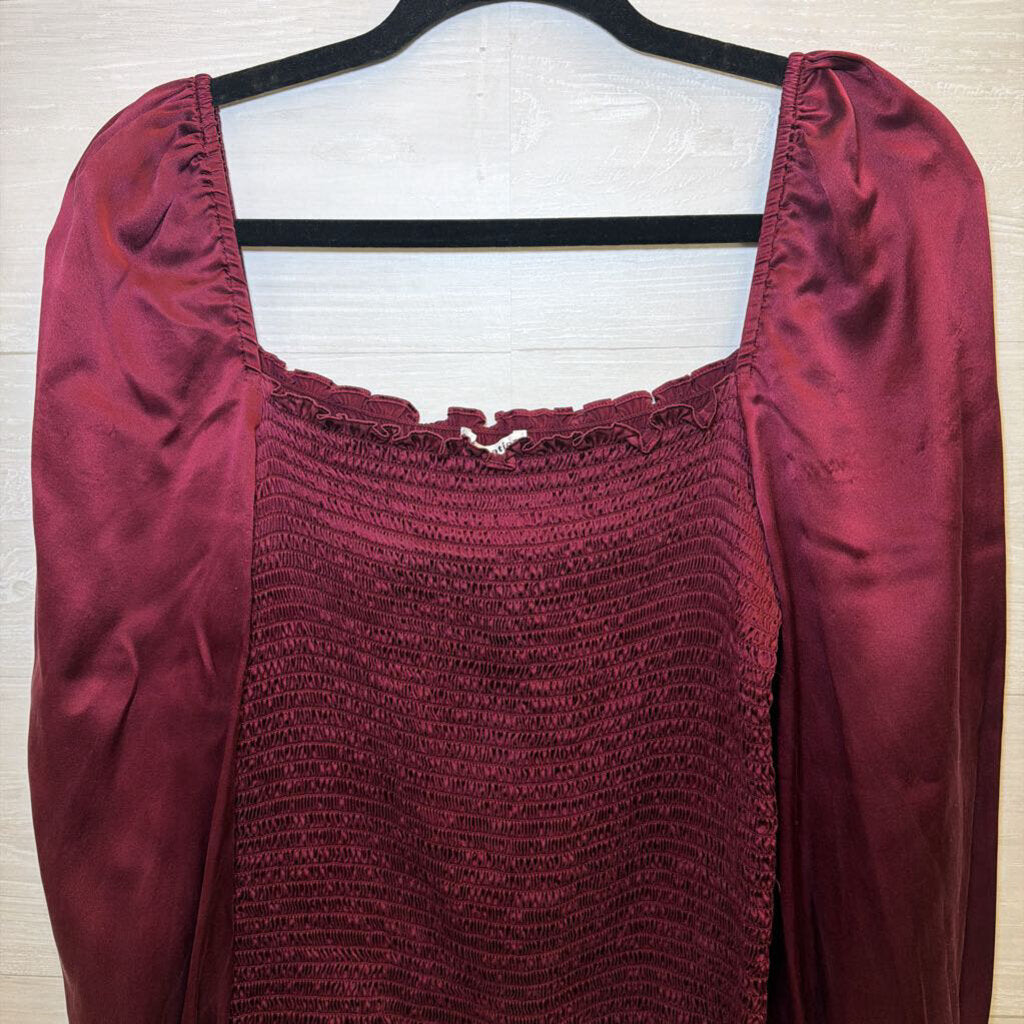 Reformation Berry Silky Smocked Long Sleeve Top Large