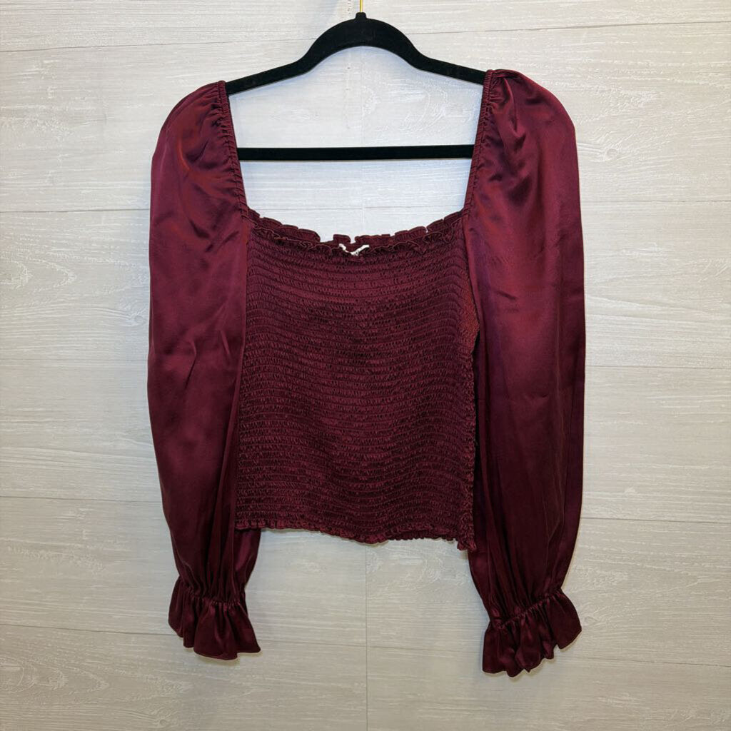 Reformation Berry Silky Smocked Long Sleeve Top Large