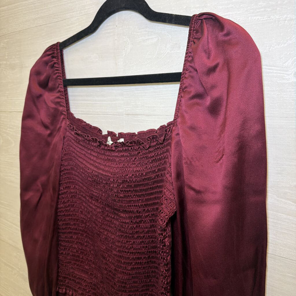 Reformation Berry Silky Smocked Long Sleeve Top Large