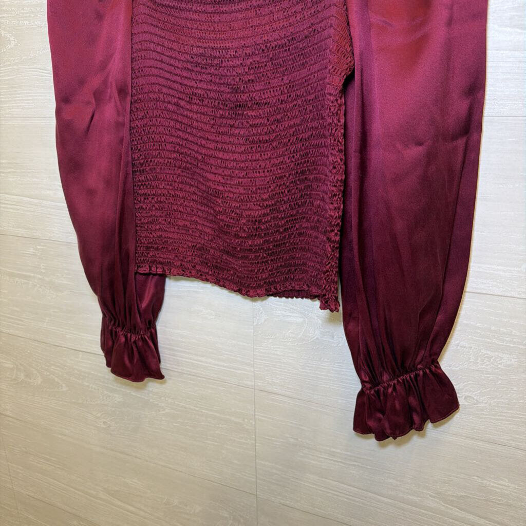 Reformation Berry Silky Smocked Long Sleeve Top Large