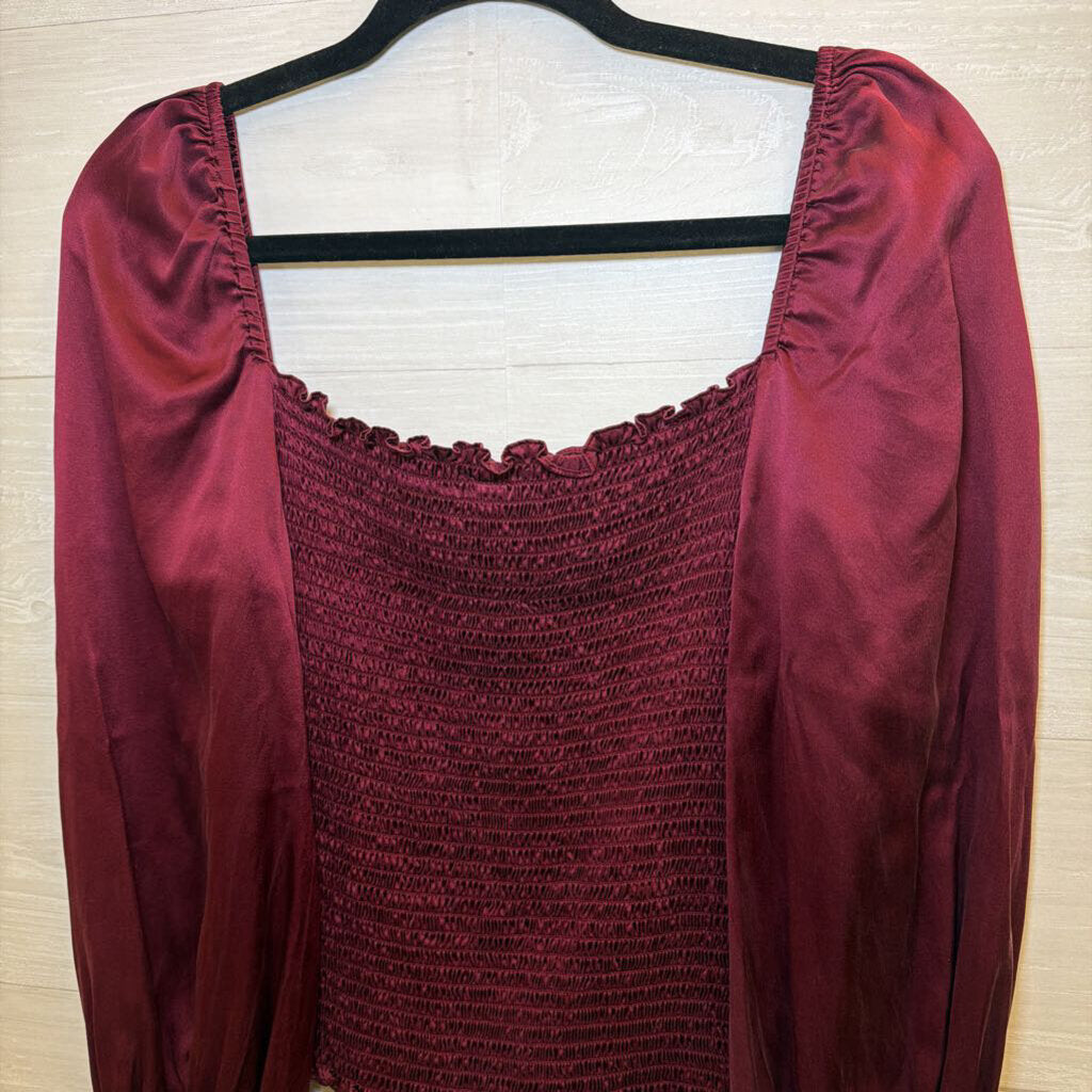 Reformation Berry Silky Smocked Long Sleeve Top Large