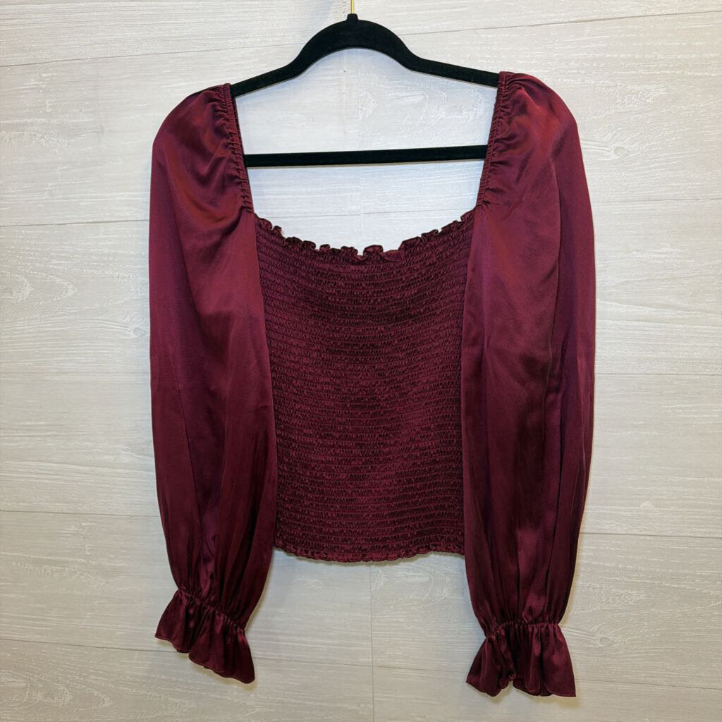 Reformation Berry Silky Smocked Long Sleeve Top Large