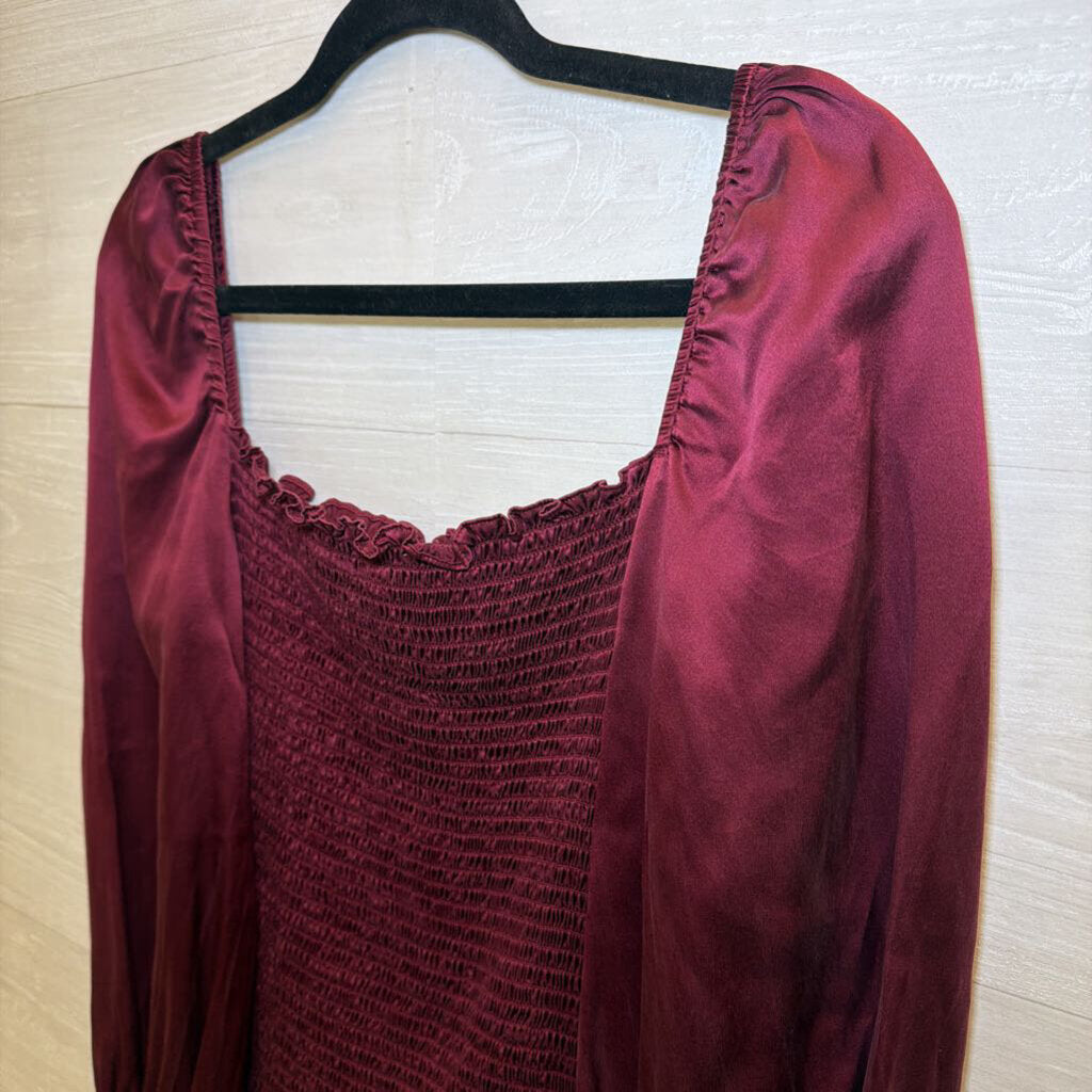 Reformation Berry Silky Smocked Long Sleeve Top Large