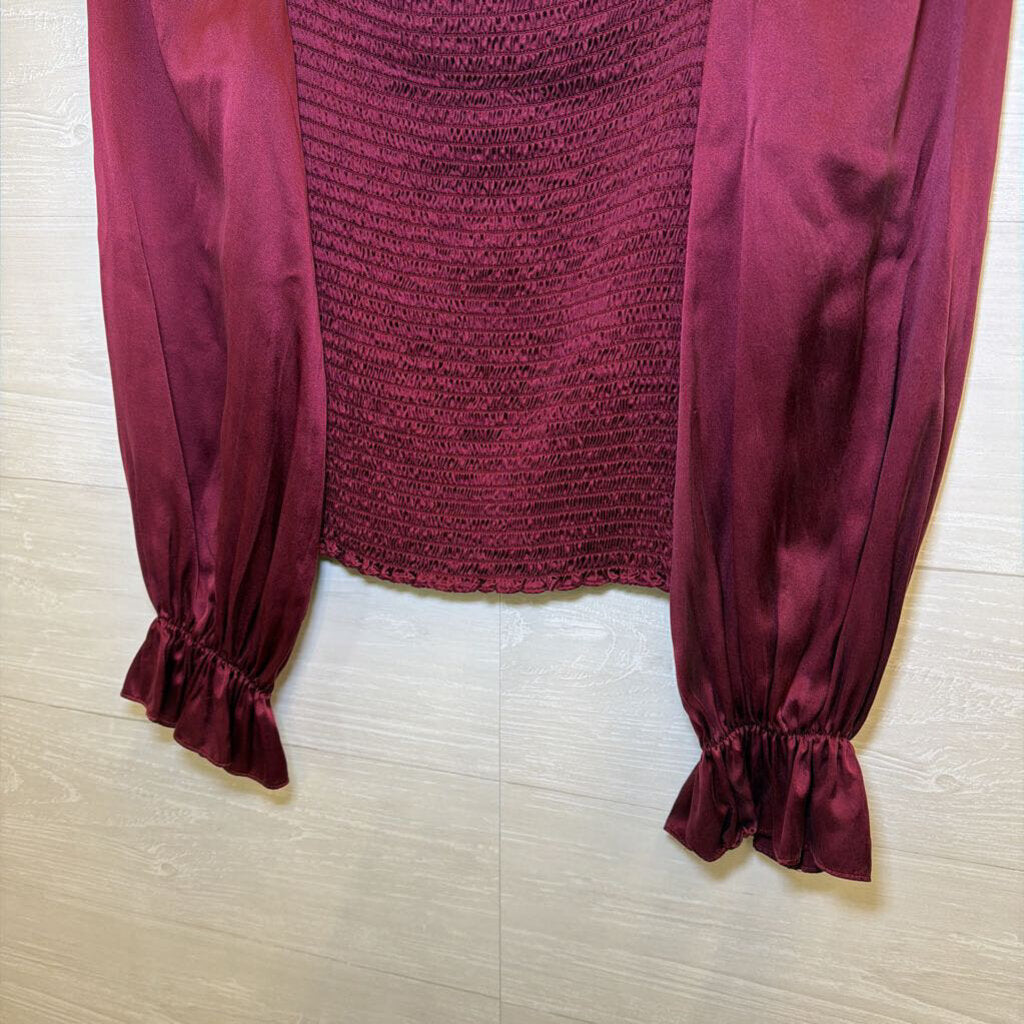 Reformation Berry Silky Smocked Long Sleeve Top Large
