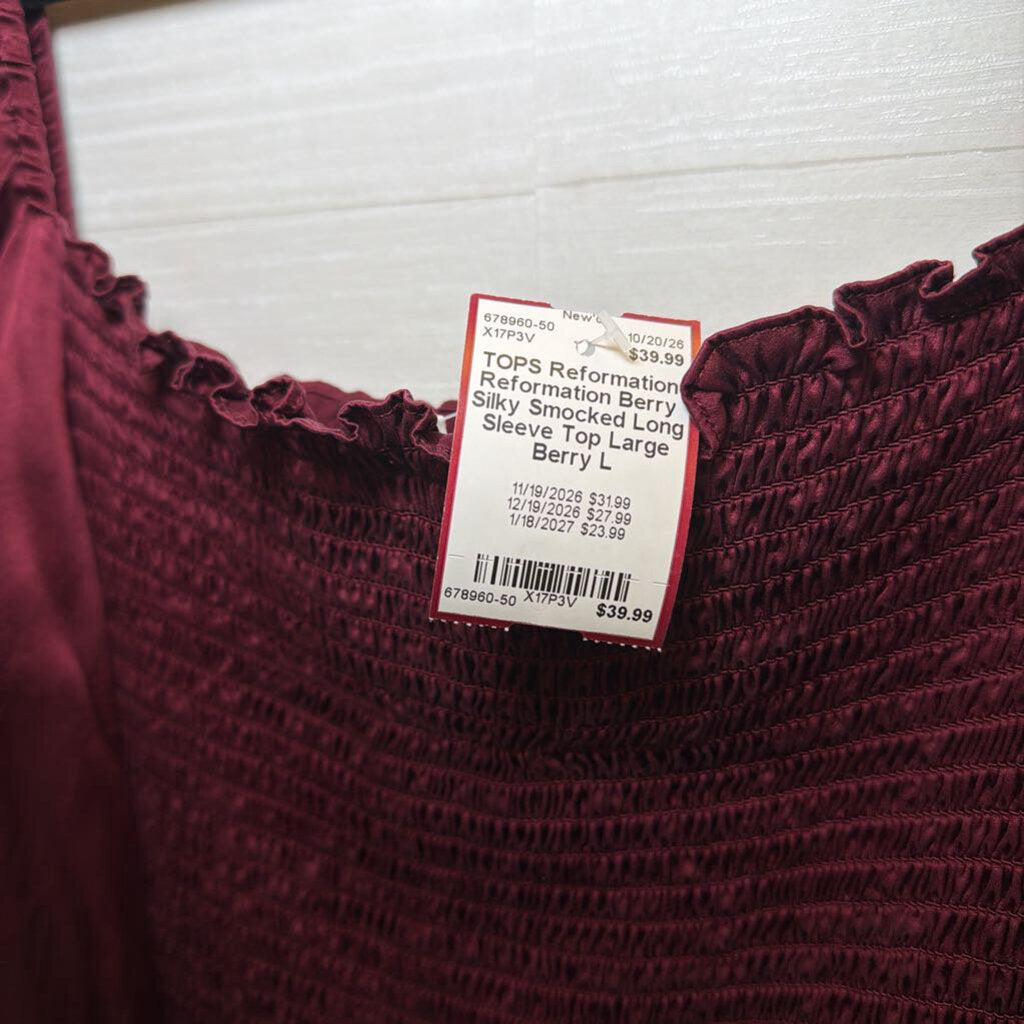 Reformation Berry Silky Smocked Long Sleeve Top Large
