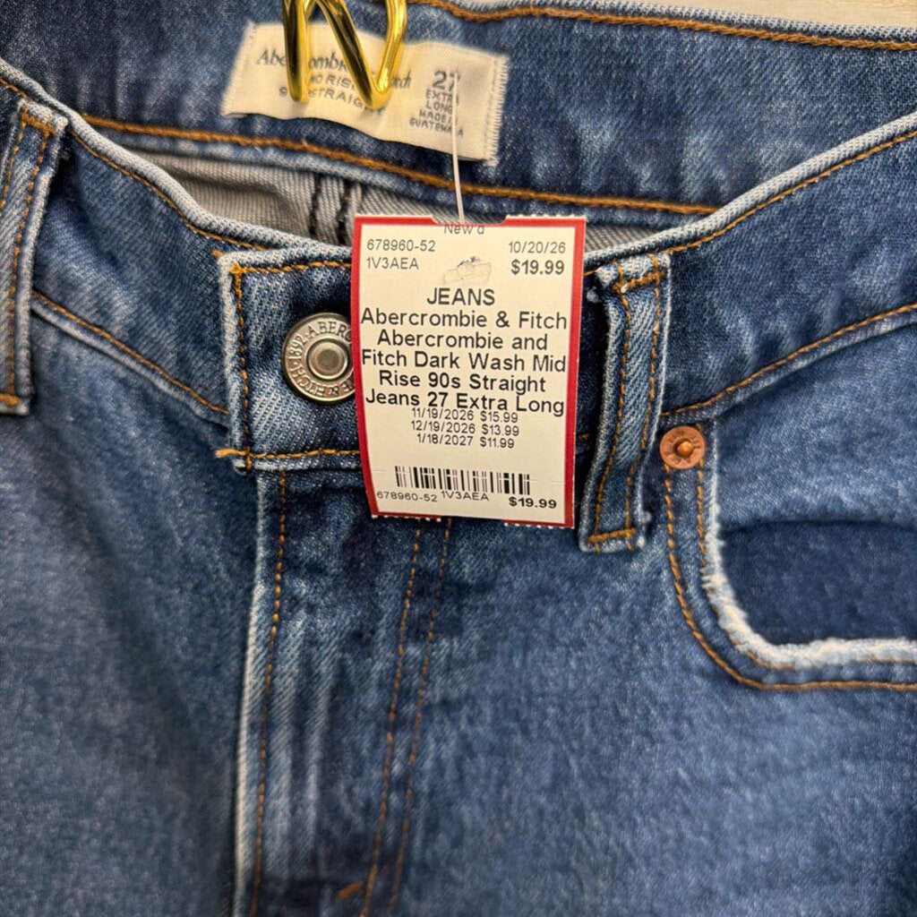 Abercrombie and Fitch Dark Wash Mid Rise 90s Straight Jeans 27 Extra Long