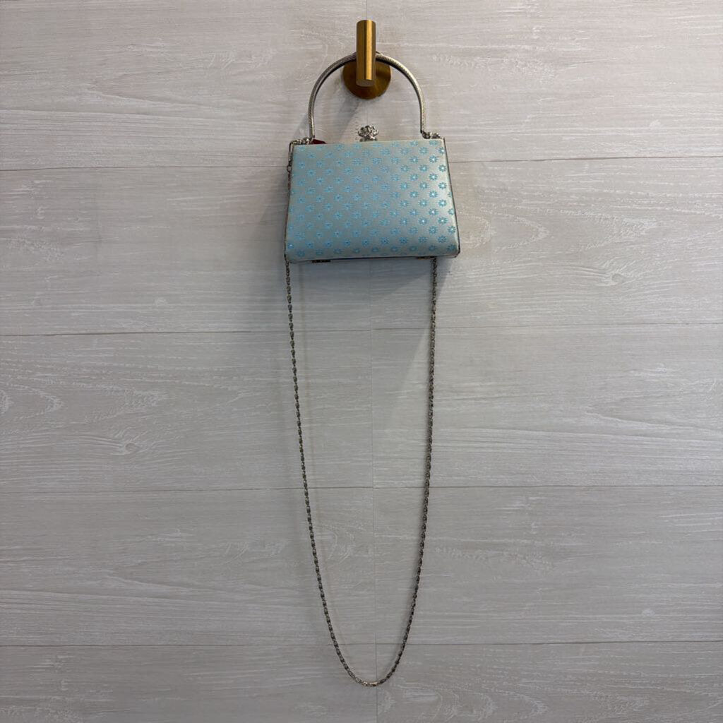 Silver/ Blue Floral Satin Clutch/ Crossbody Purse