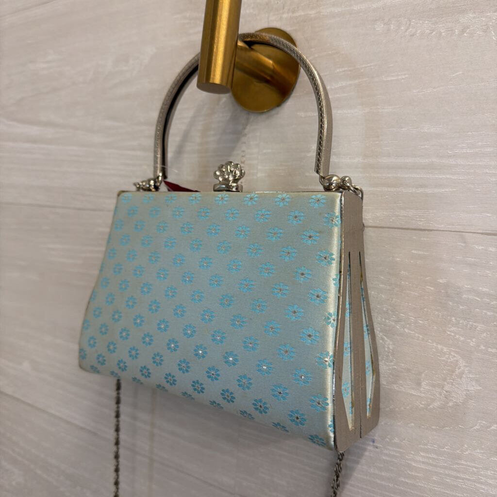 Silver/ Blue Floral Satin Clutch/ Crossbody Purse