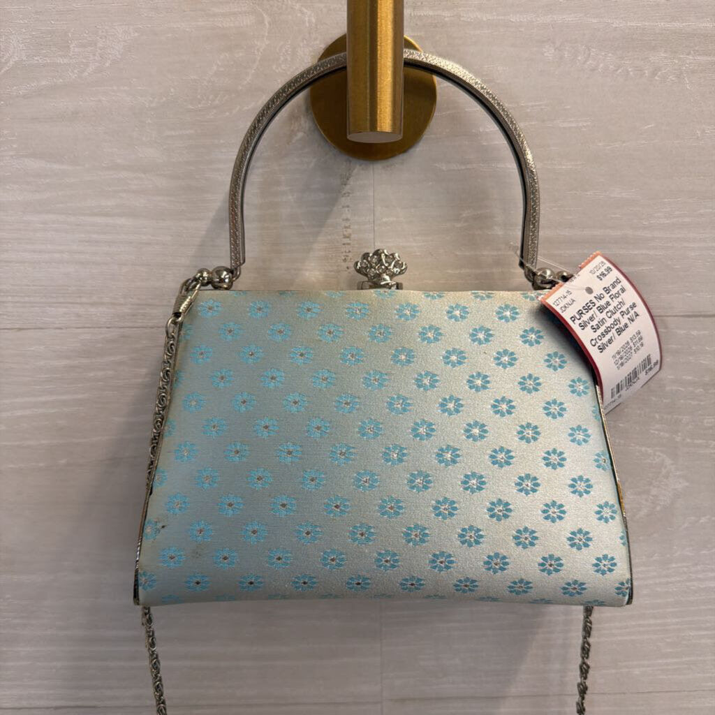 Silver/ Blue Floral Satin Clutch/ Crossbody Purse