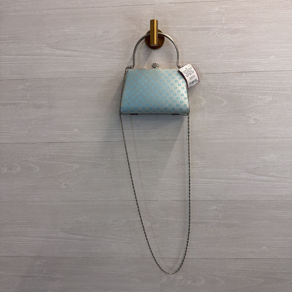 Silver/ Blue Floral Satin Clutch/ Crossbody Purse