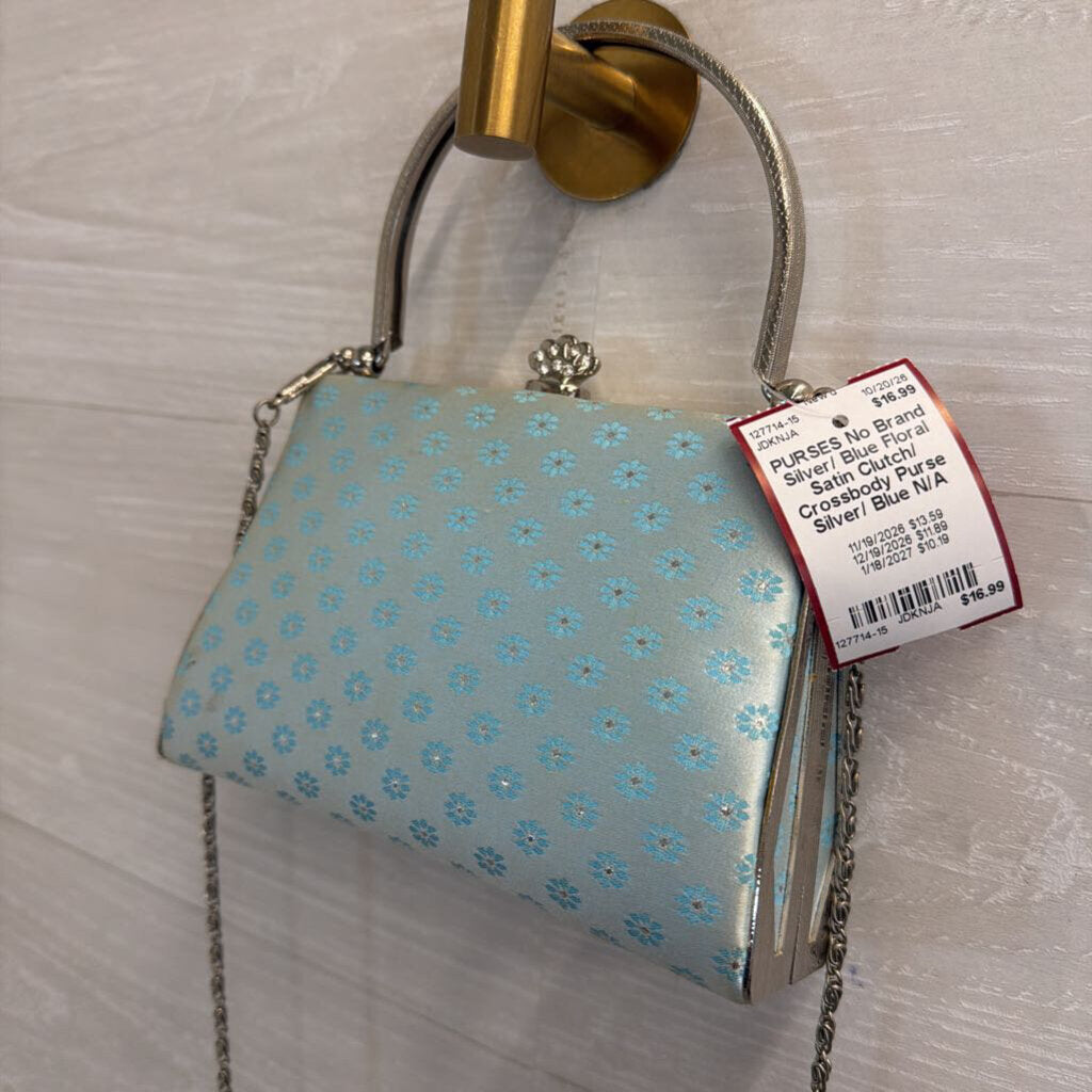 Silver/ Blue Floral Satin Clutch/ Crossbody Purse