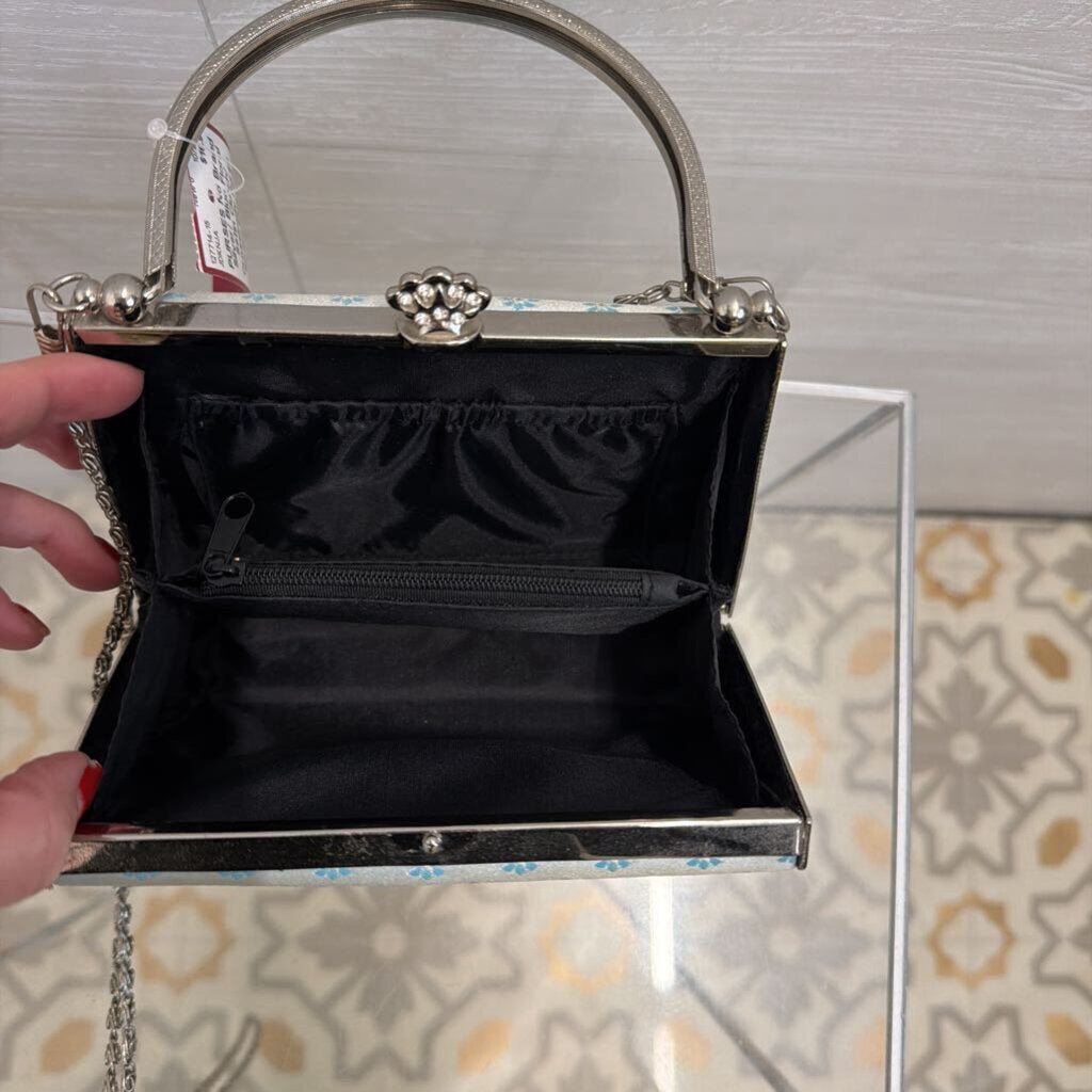 Silver/ Blue Floral Satin Clutch/ Crossbody Purse