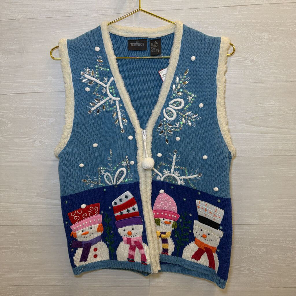 Vintage In Resource Blue Beaded Embroidered Snowman Vest Small