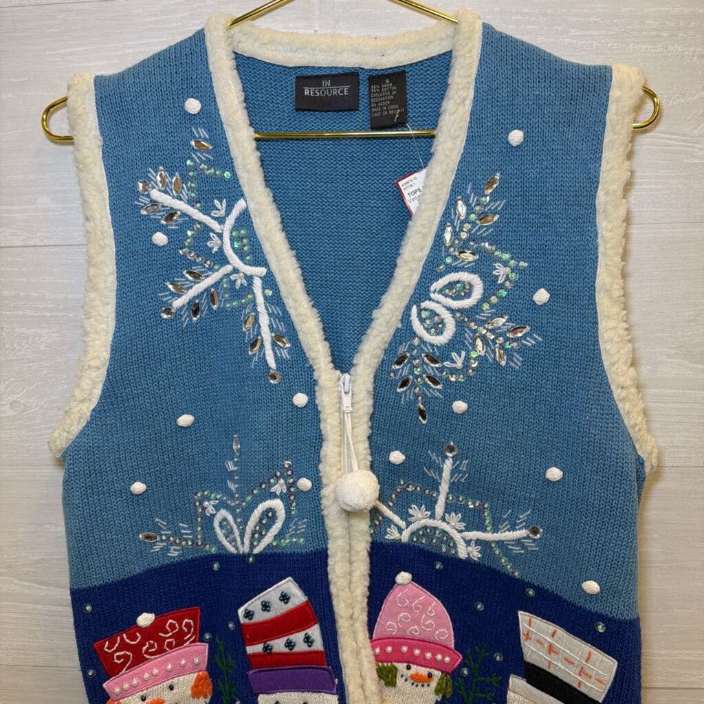 Vintage In Resource Blue Beaded Embroidered Snowman Vest Small