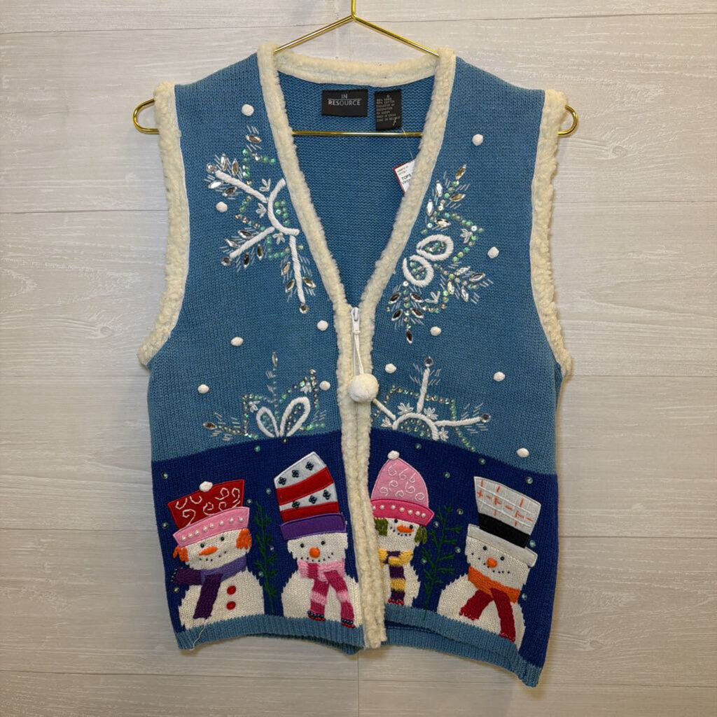 Vintage In Resource Blue Beaded Embroidered Snowman Vest Small