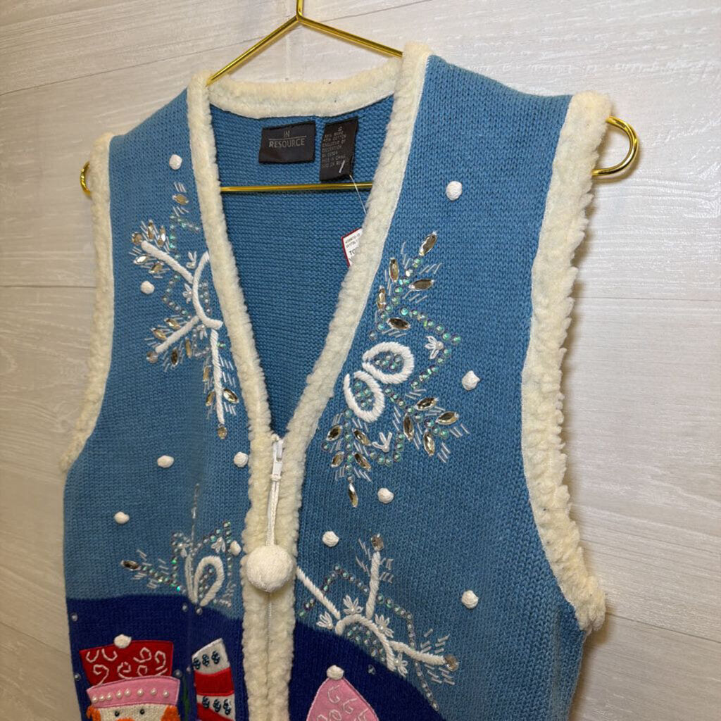 Vintage In Resource Blue Beaded Embroidered Snowman Vest Small