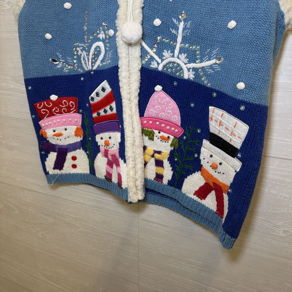 Vintage In Resource Blue Beaded Embroidered Snowman Vest Small