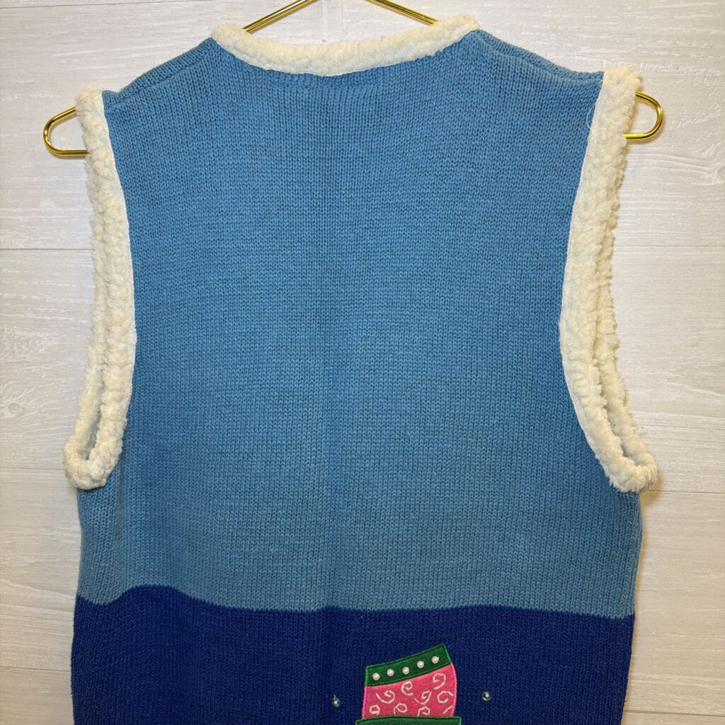 Vintage In Resource Blue Beaded Embroidered Snowman Vest Small