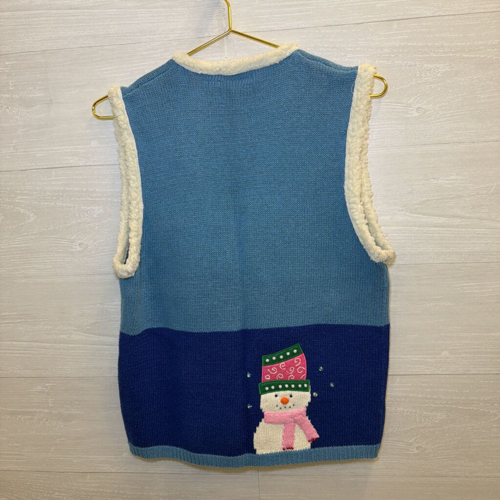 Vintage In Resource Blue Beaded Embroidered Snowman Vest Small