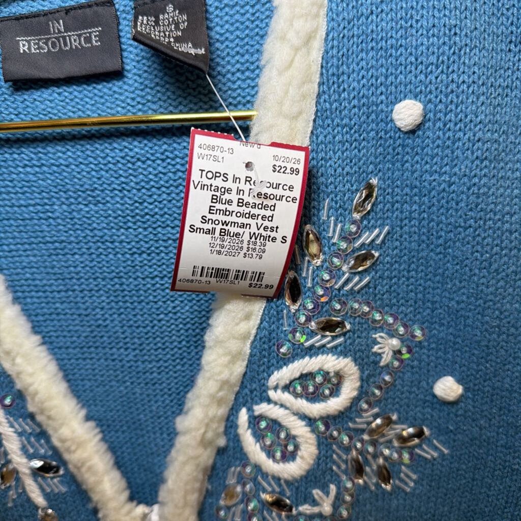 Vintage In Resource Blue Beaded Embroidered Snowman Vest Small