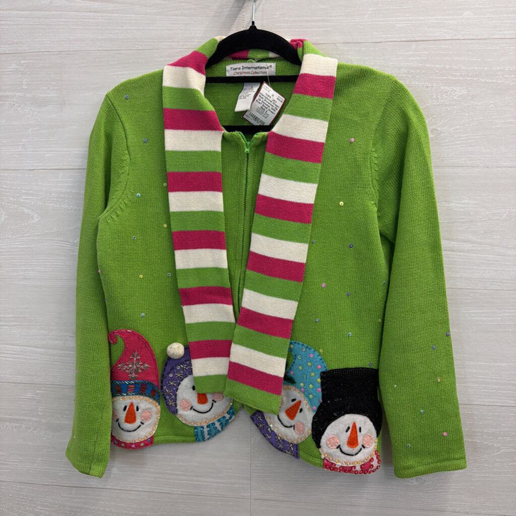 Green/ Multi Snowman Zip Up Sweater With Scarf Small