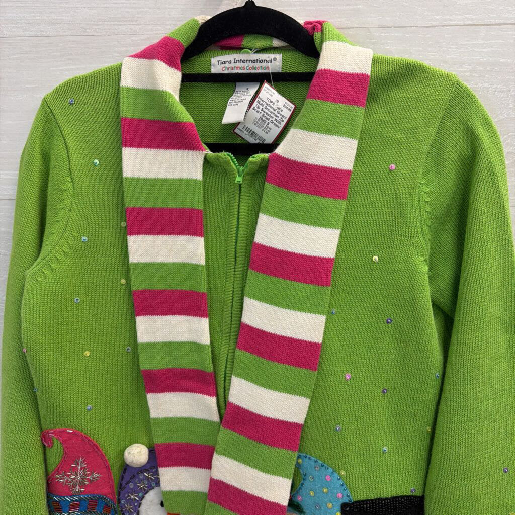 Green/ Multi Snowman Zip Up Sweater With Scarf Small