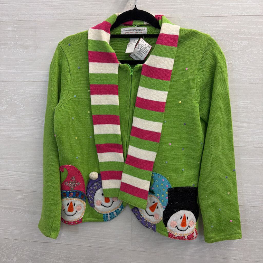 Green/ Multi Snowman Zip Up Sweater With Scarf Small