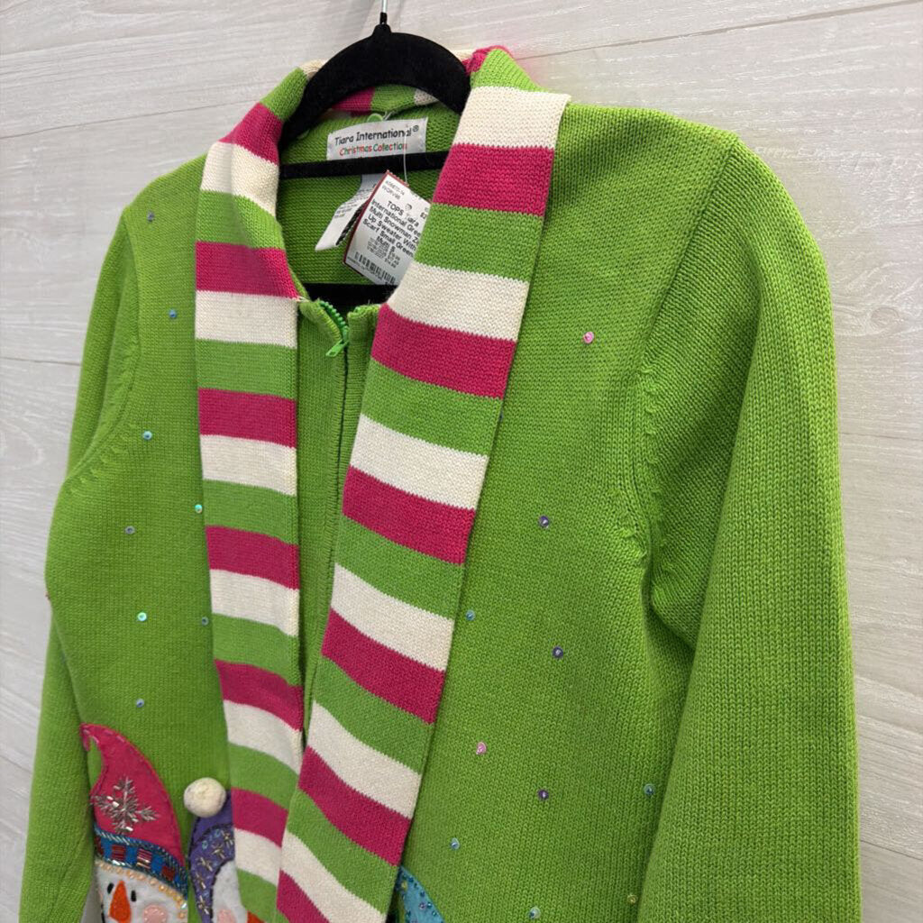 Green/ Multi Snowman Zip Up Sweater With Scarf Small