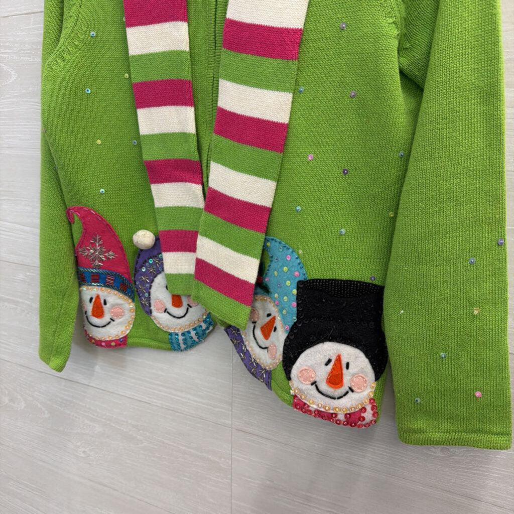 Green/ Multi Snowman Zip Up Sweater With Scarf Small