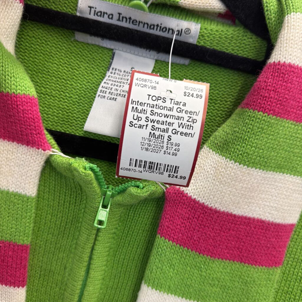 Green/ Multi Snowman Zip Up Sweater With Scarf Small