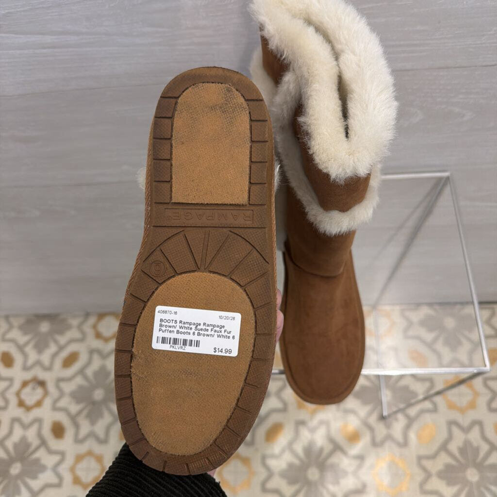 Rampage Brown/ White Suede Faux Fur Puffen Boots 6