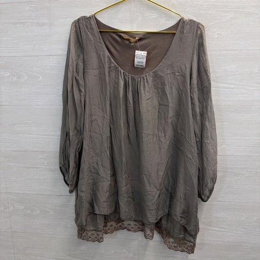 Grey 100% Silk Layered Long Sleeve Top Large