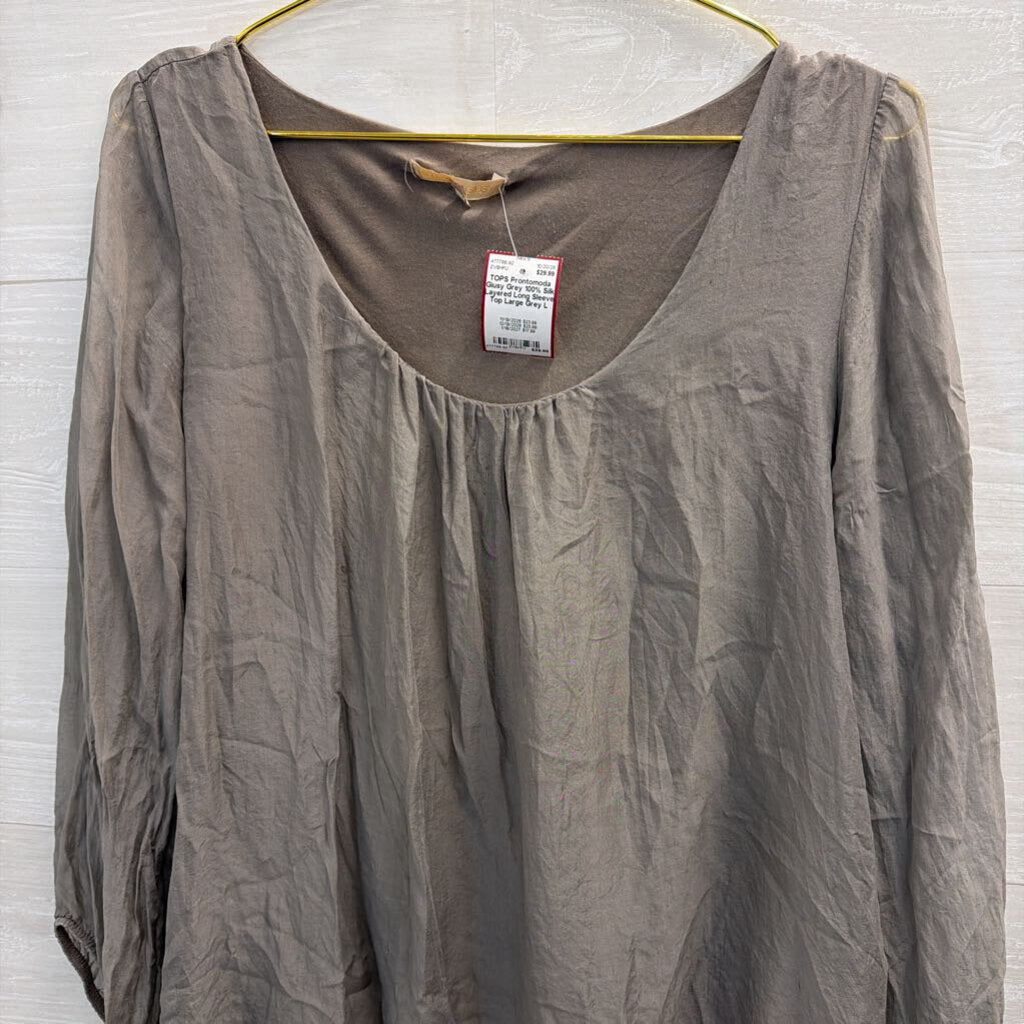 Grey 100% Silk Layered Long Sleeve Top Large