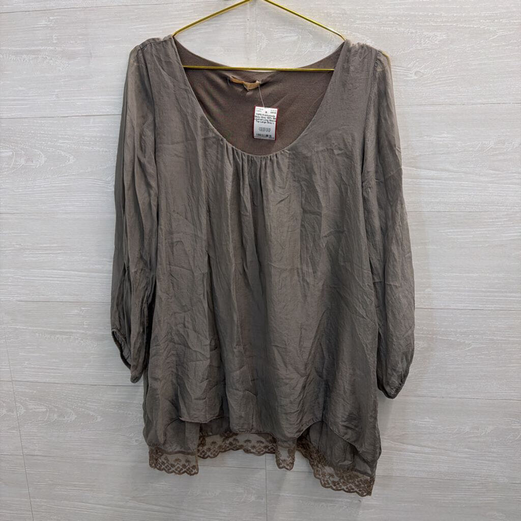 Grey 100% Silk Layered Long Sleeve Top Large