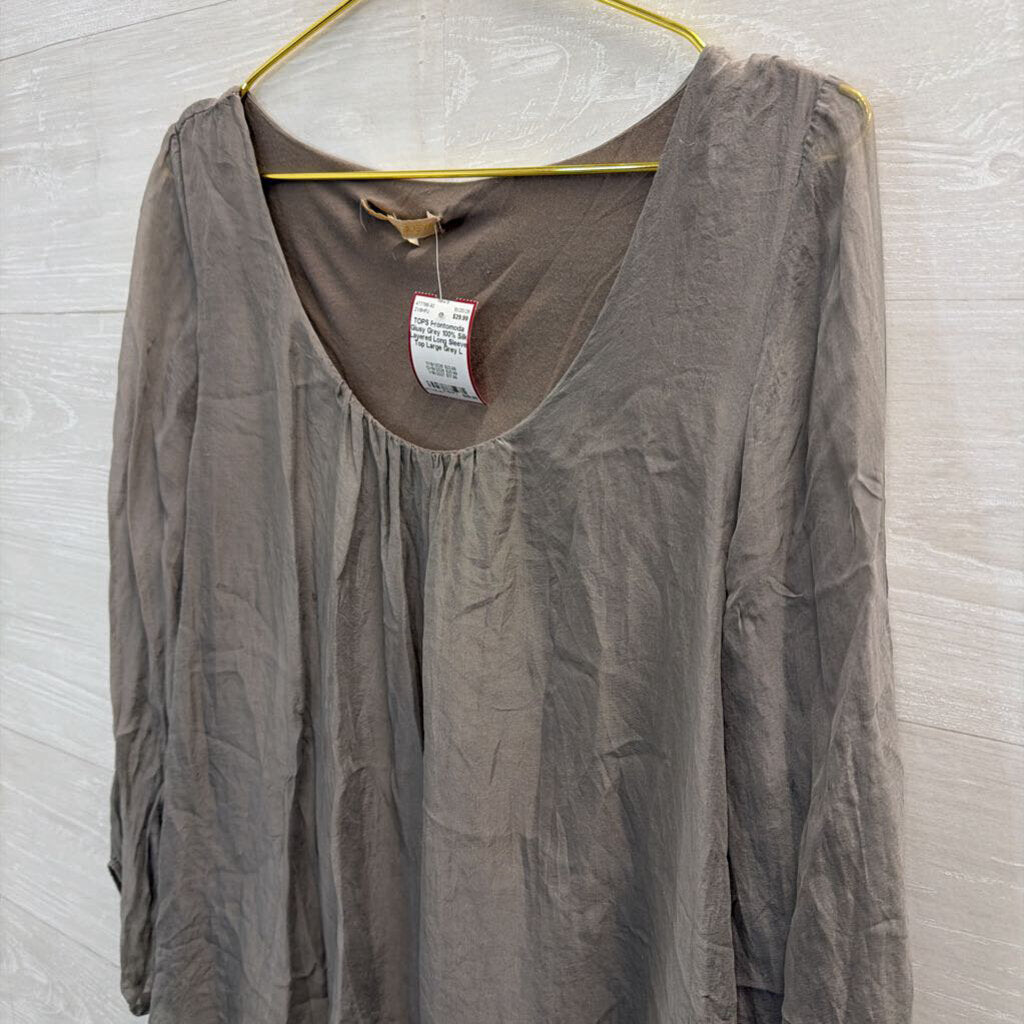 Grey 100% Silk Layered Long Sleeve Top Large