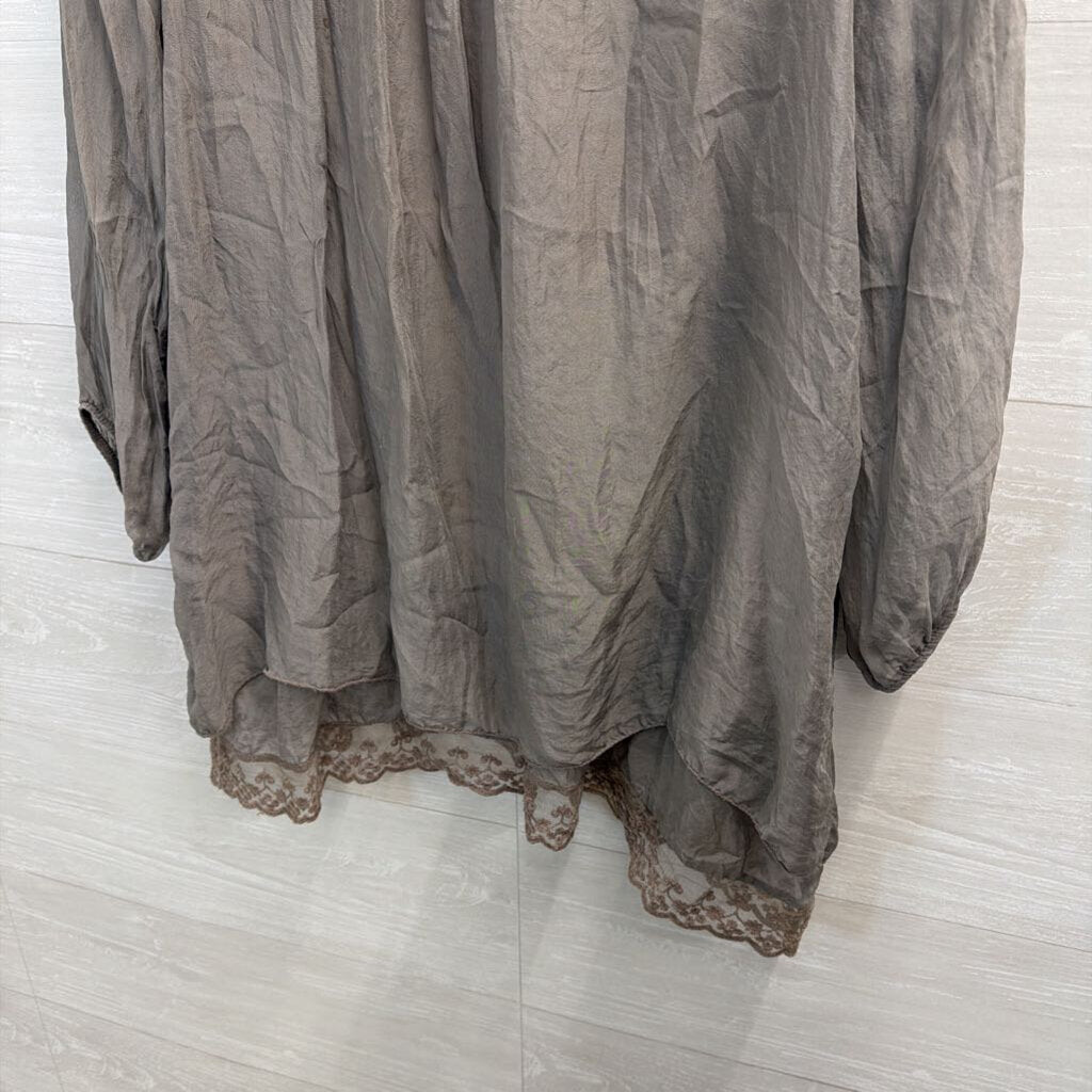 Grey 100% Silk Layered Long Sleeve Top Large