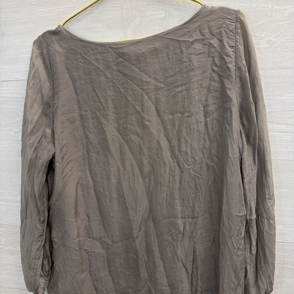 Grey 100% Silk Layered Long Sleeve Top Large