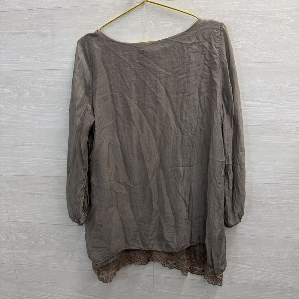 Grey 100% Silk Layered Long Sleeve Top Large