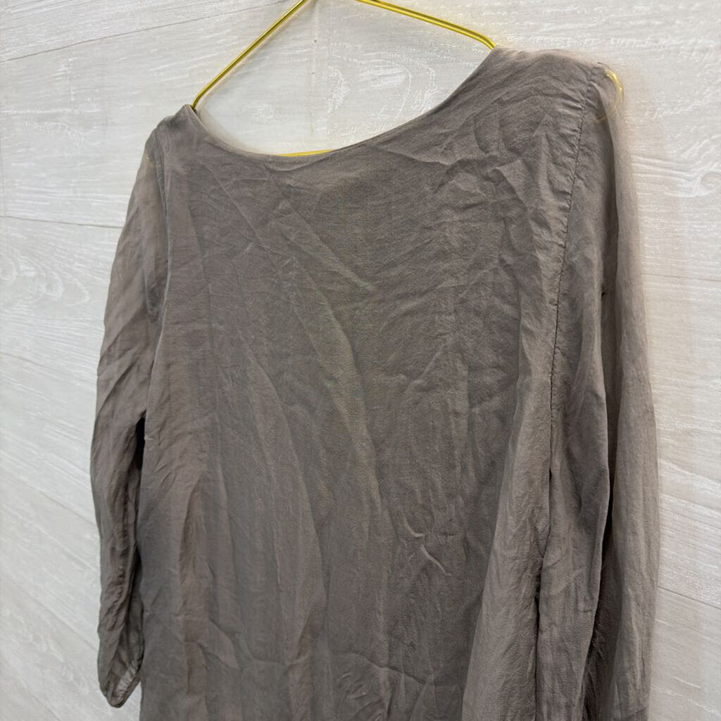 Grey 100% Silk Layered Long Sleeve Top Large