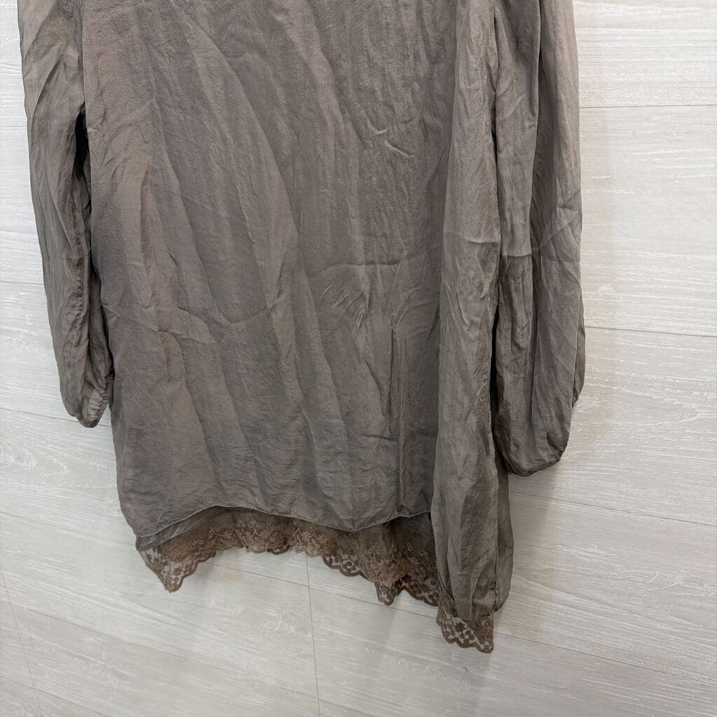Grey 100% Silk Layered Long Sleeve Top Large