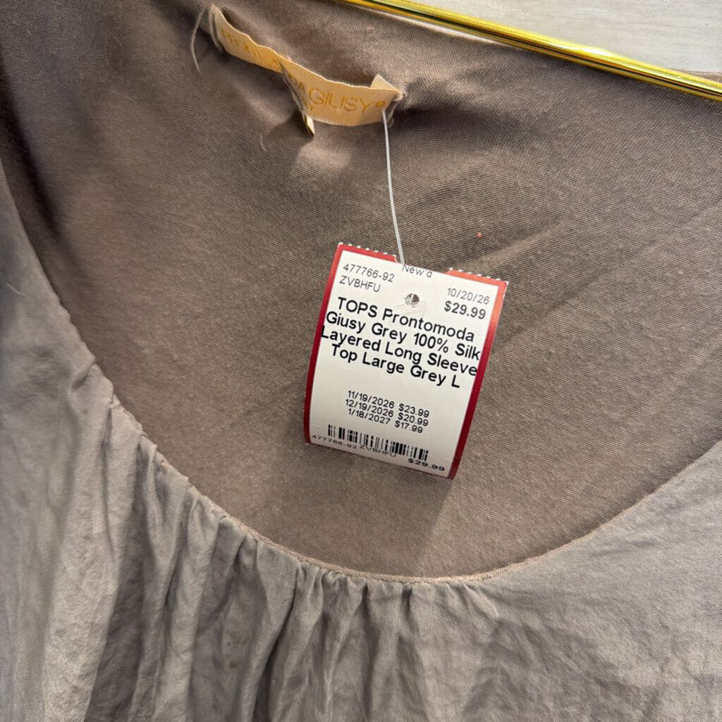 Grey 100% Silk Layered Long Sleeve Top Large