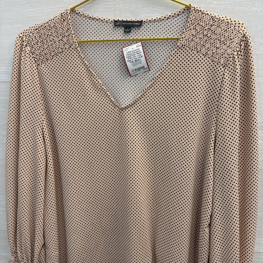 Adrianna Papell Pink/ Black Polka Dot Long Sleeve Top Large