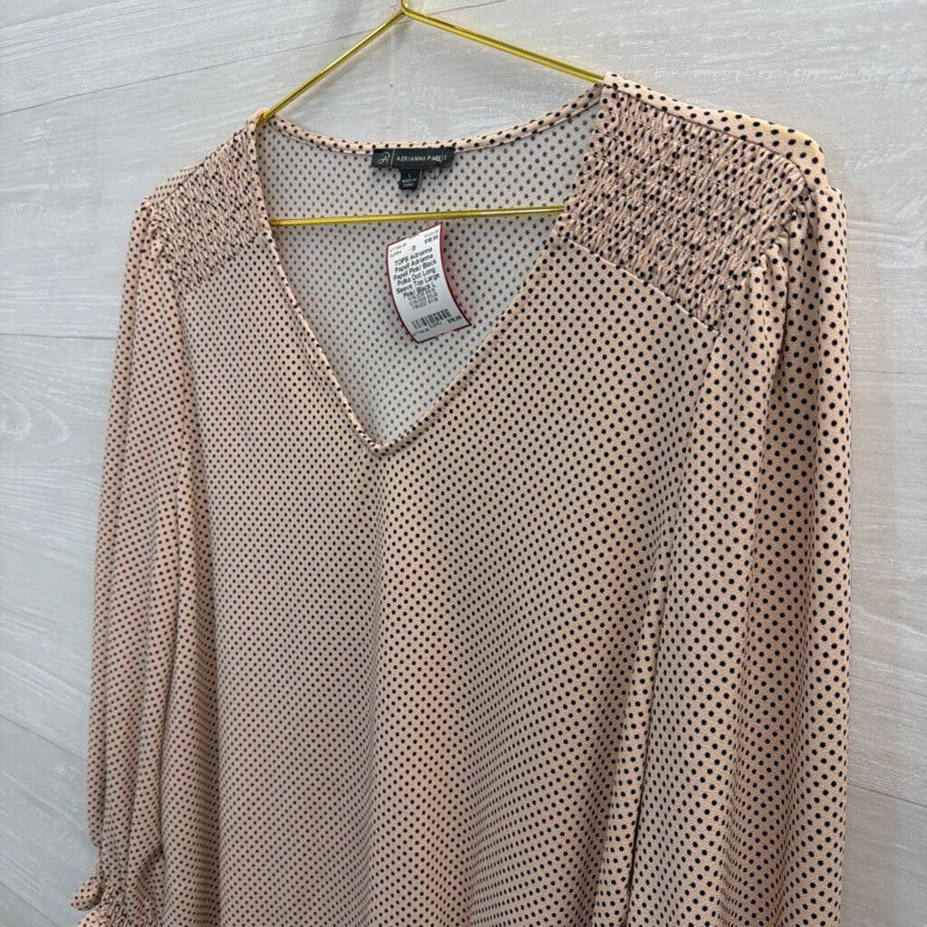 Adrianna Papell Pink/ Black Polka Dot Long Sleeve Top Large