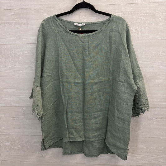 Sage Green Linen Top with Lace Edge Medium/Large