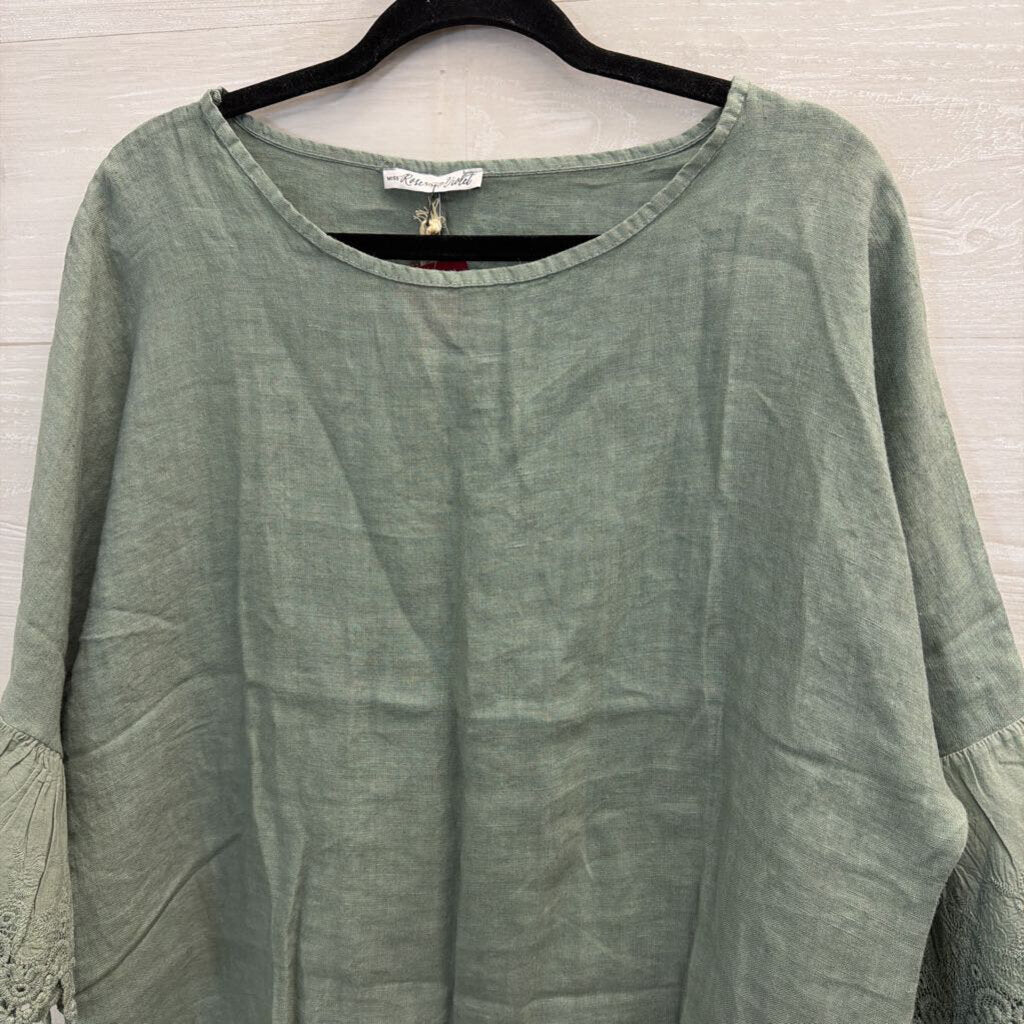 Sage Green Linen Top with Lace Edge Medium/Large
