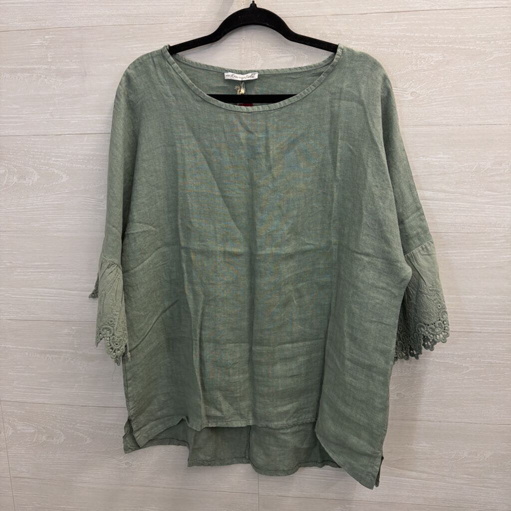 Sage Green Linen Top with Lace Edge Medium/Large