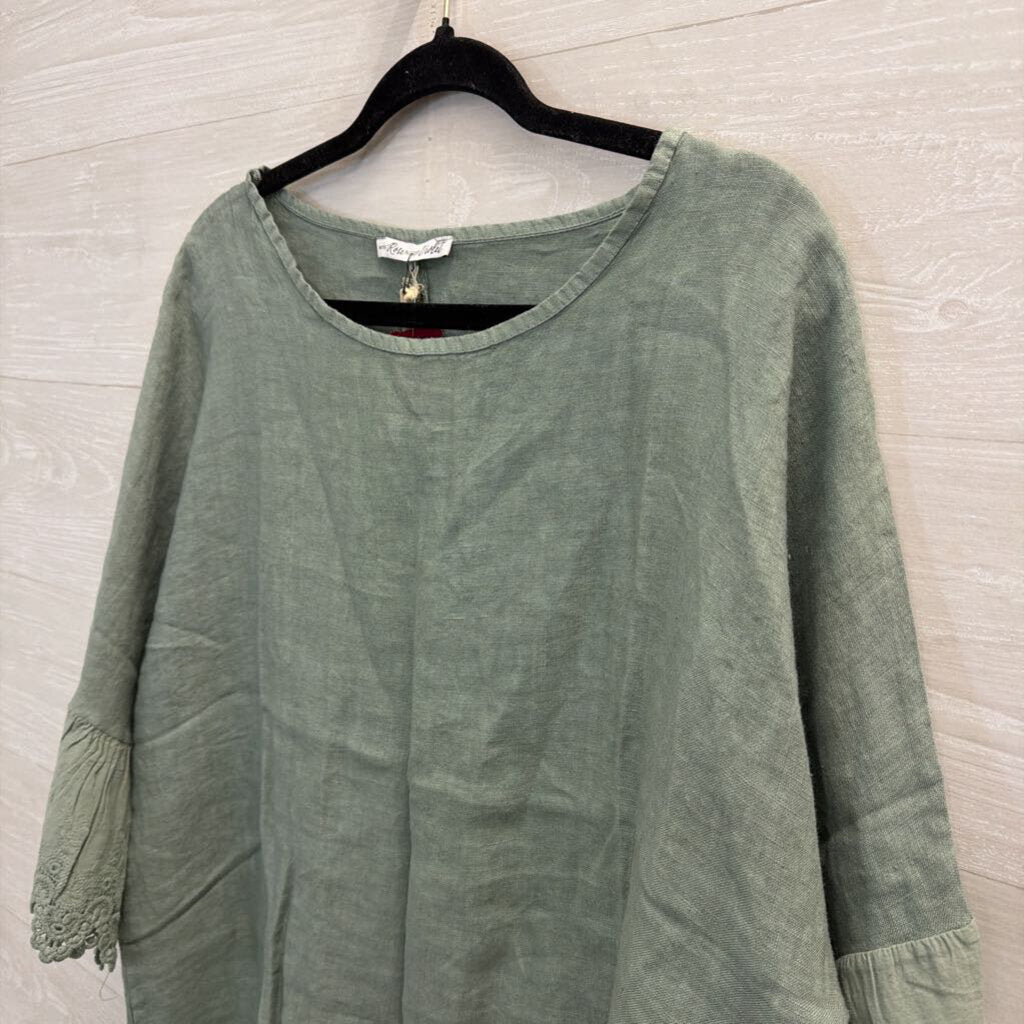 Sage Green Linen Top with Lace Edge Medium/Large