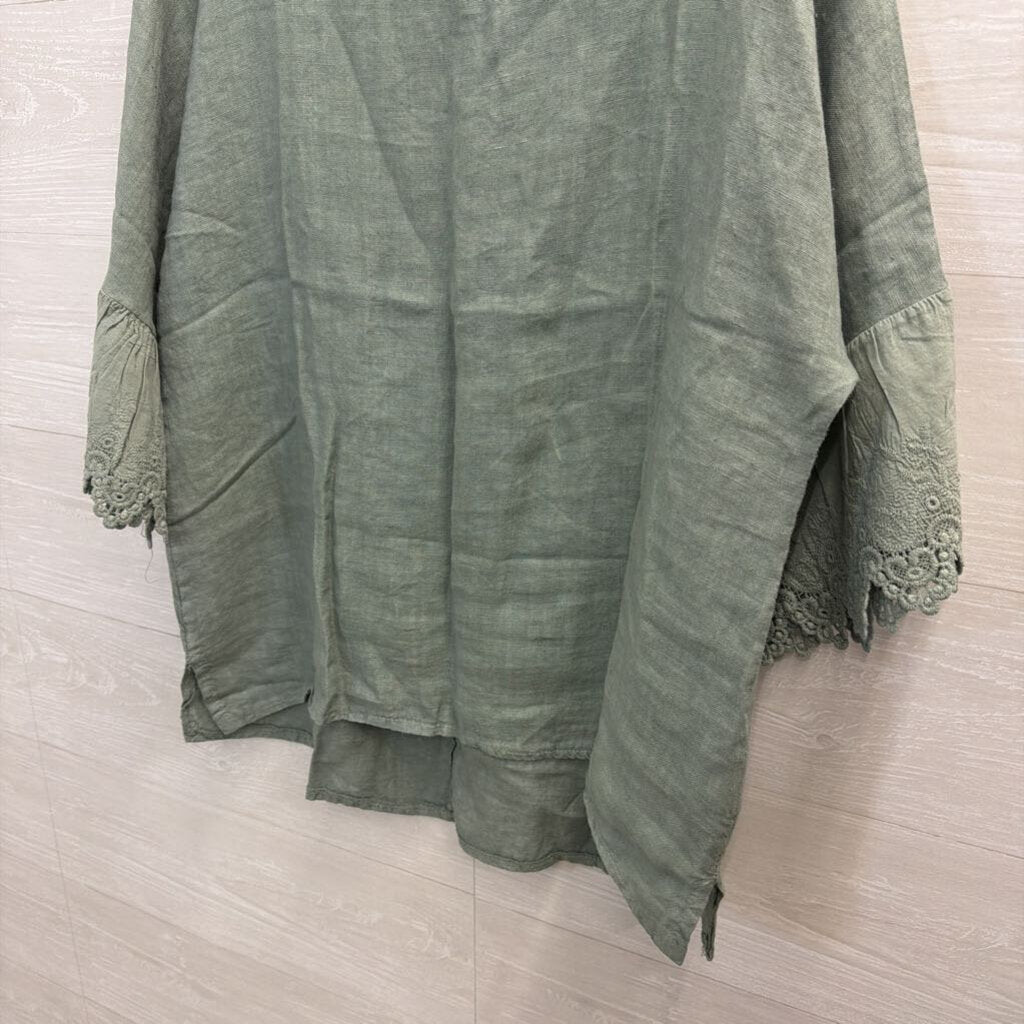 Sage Green Linen Top with Lace Edge Medium/Large